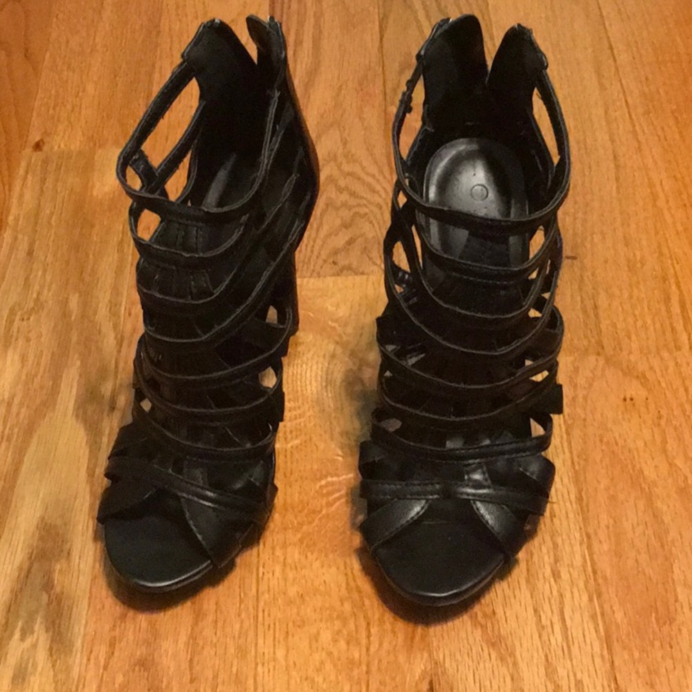 Black caged heels